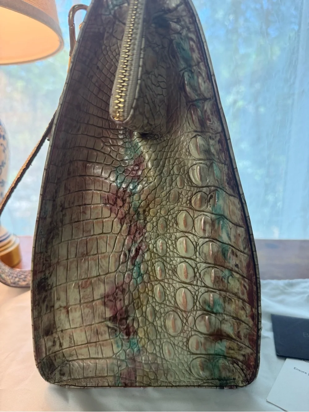 Brahmin Green and Mauve Croc-Embossed Satchel